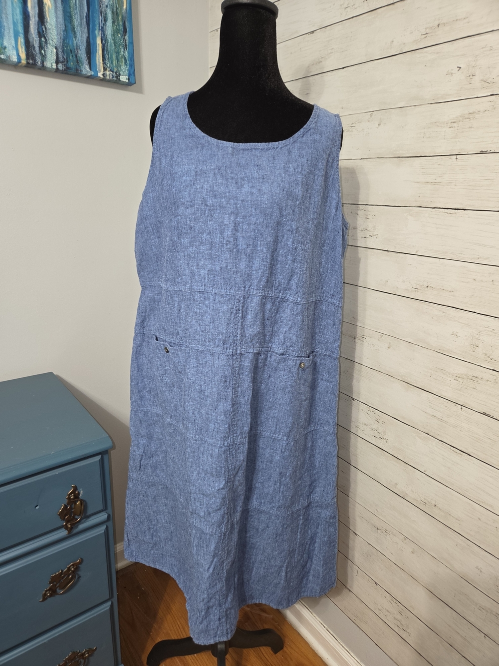 PURE JILL LINEN Shift Dress Blue 2 Front Pockets Sleeveless Blue Linen Large